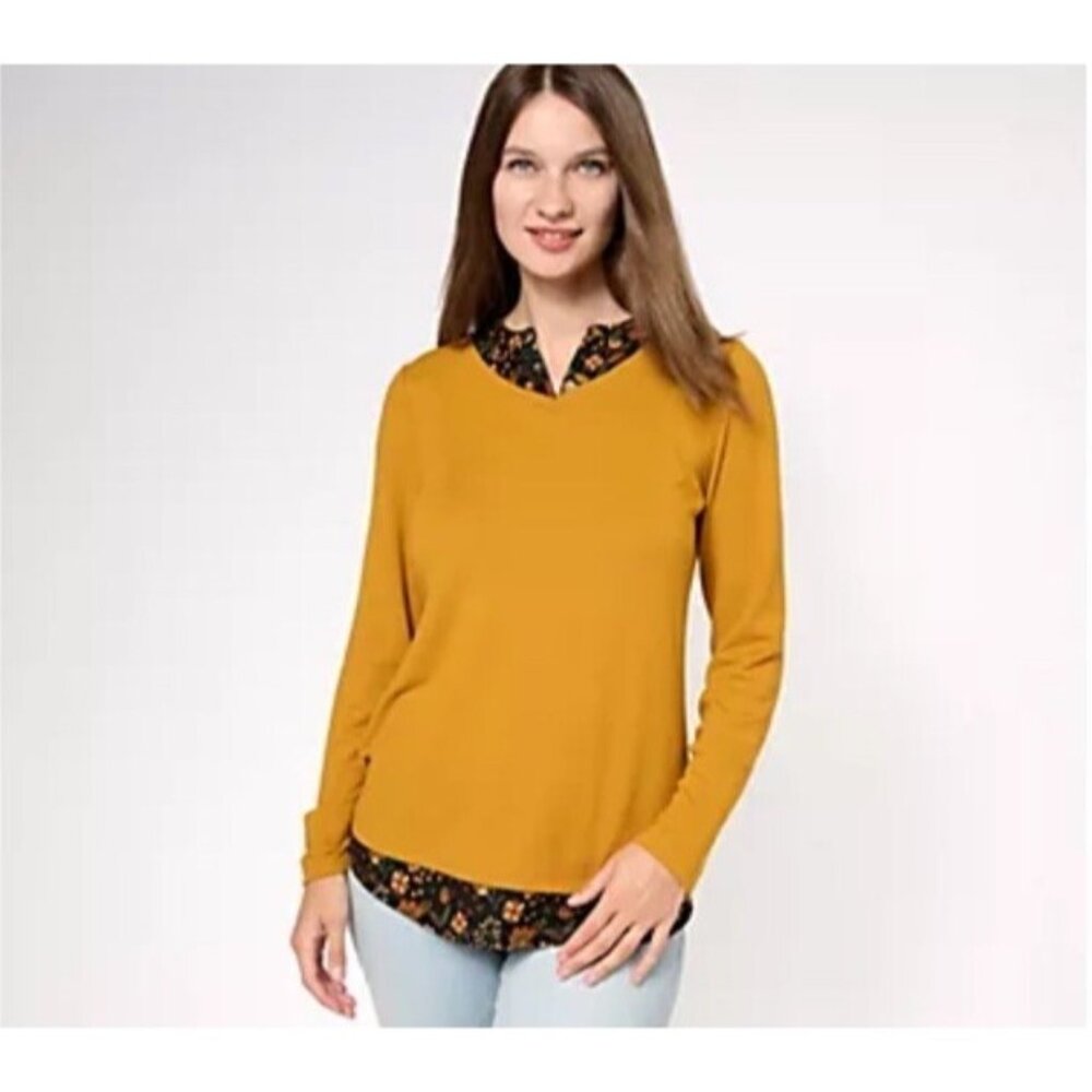 Denim & Co Printed Plaid Heavenly Jersey 2Fer Long Sleeve Top Size S Gold NEW